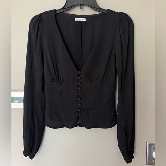REFORMATION Black Nell Puff Sleeve V Neck Button Front Slim Fitting Top Size XS - Picture 7 of 10